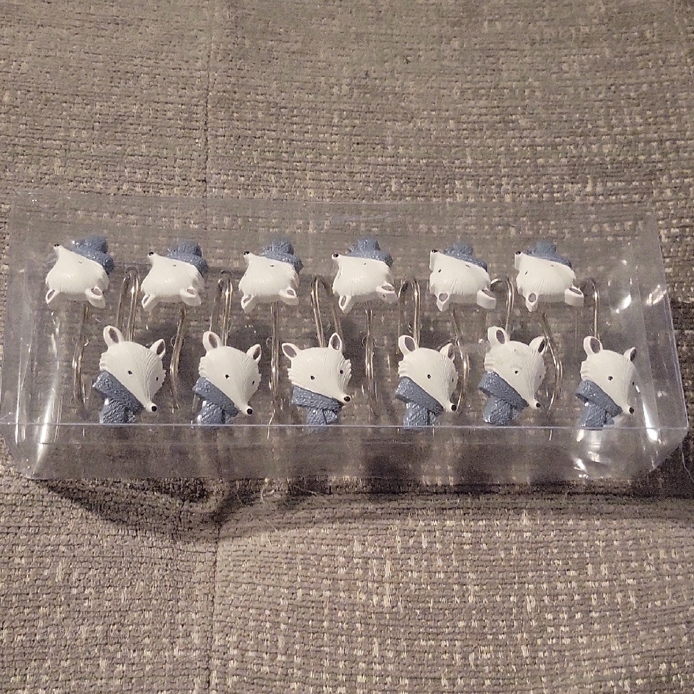 White Fox Holiday Shower Curtain Hooks with Blue Scarves